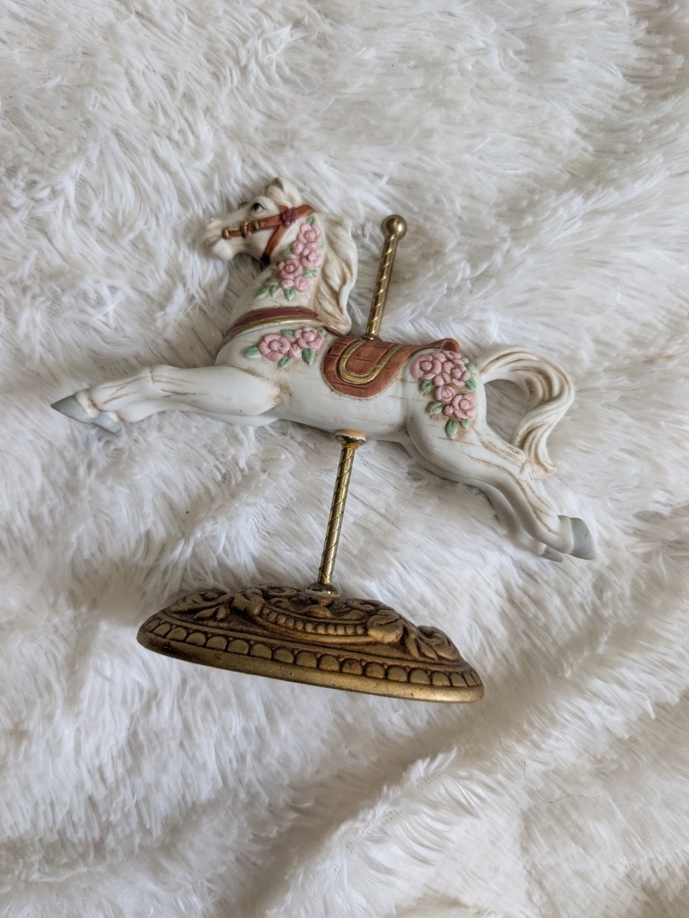 Vintage Homco Colorful Porcelain Carousel Horse On Gold Stand